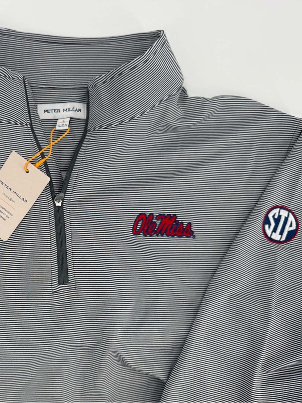 SIP EMBROIDERED SLEEVE! Peter Millar Ole Miss Perth Iron/White 1/4-Zip!  L - NWT
